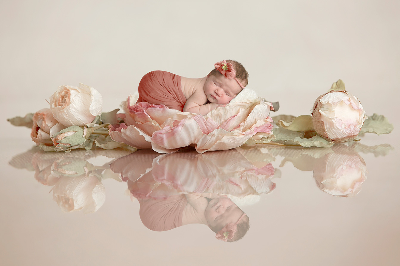 baby girl asleep on pink flower in studio by Newborn Photographer Bradford and Leeds